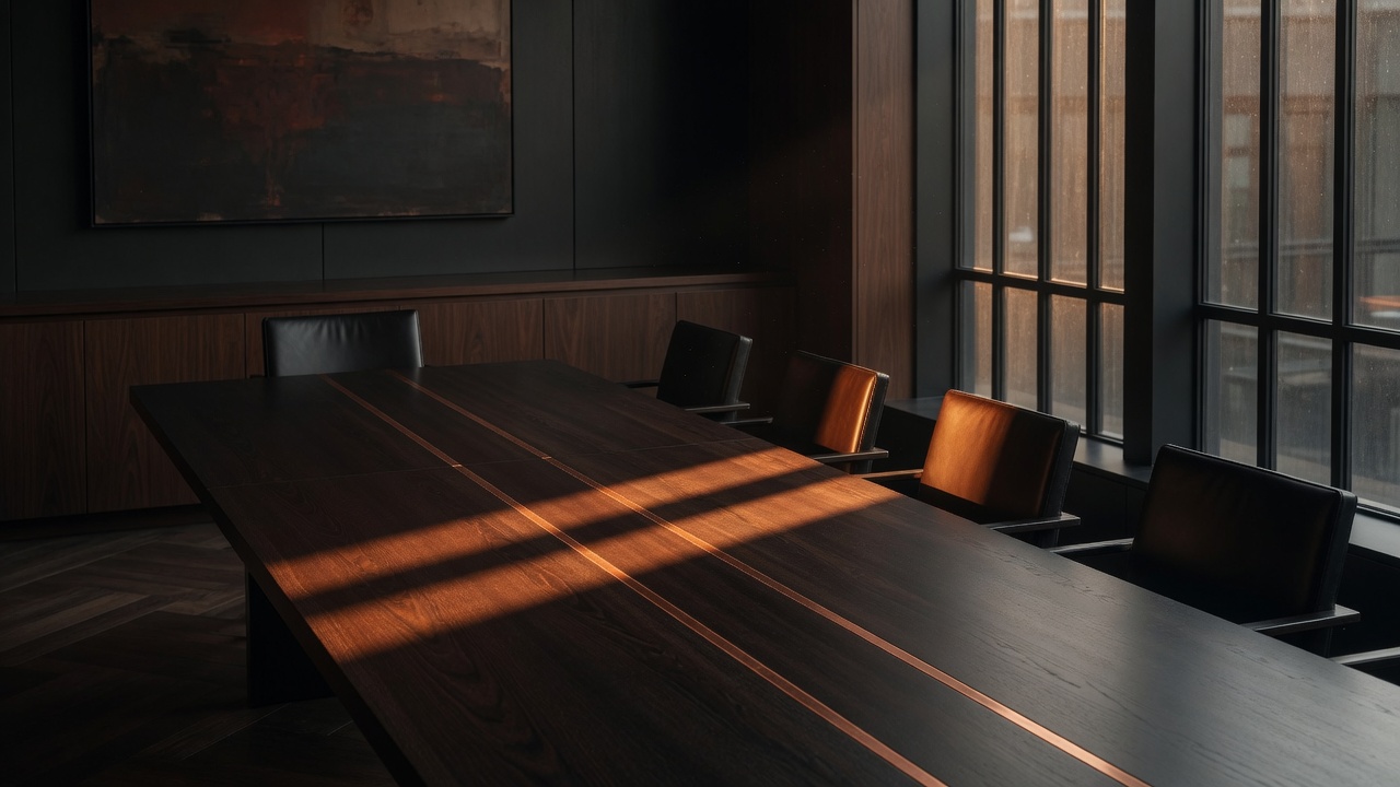 A private conference room with two parallel inlaid lines running the length of a dark wood table.