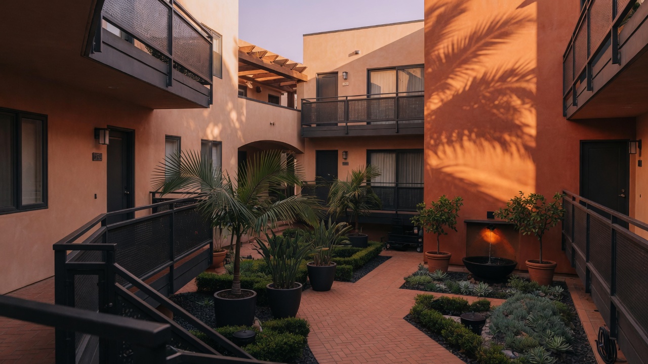 A well-maintained residential courtyard with terracotta walls, palms, and dark metal railings.